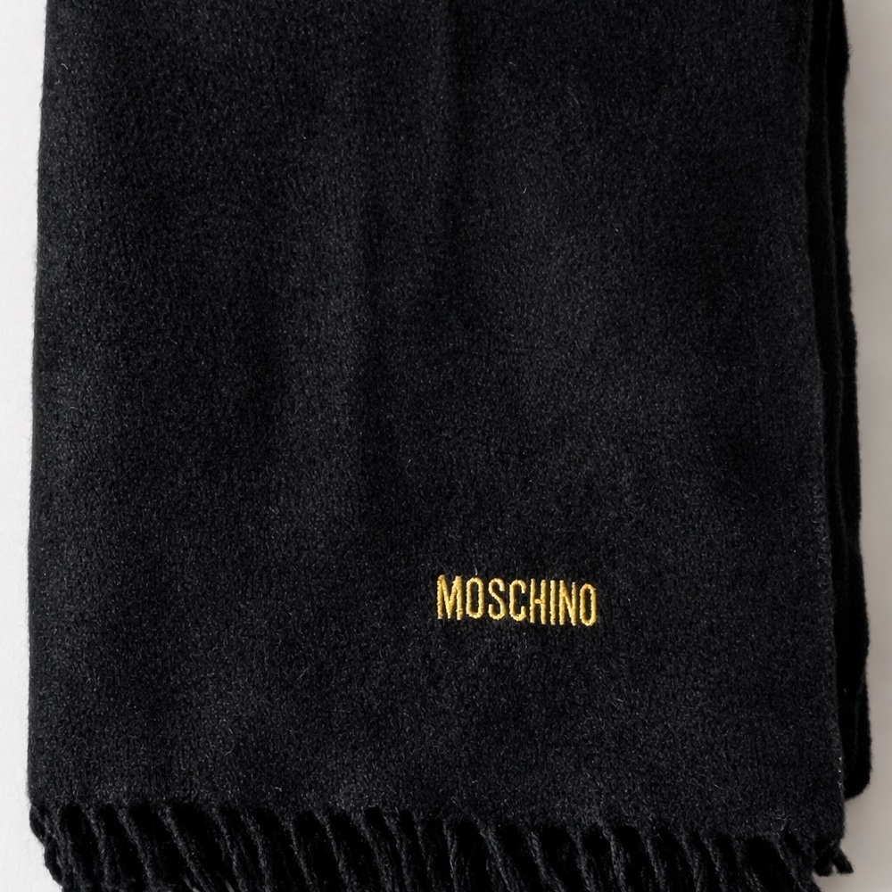 MOSCHINO Black Wool Scarf Gold Embroidered Fringe Luxury Designer Blanket Scarf - Picture 3 of 6
